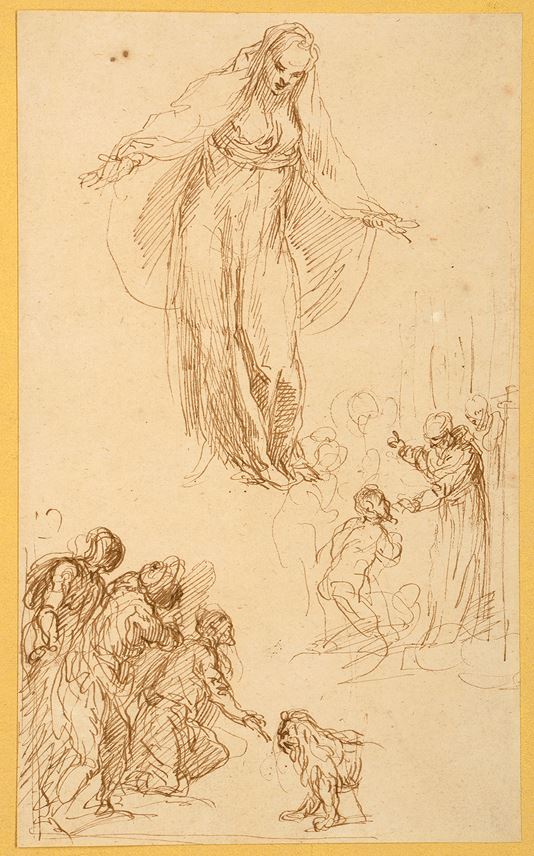 Jacopo PALMA GIOVANE - A Sheet of Figure Studies with the Virgin or a Female Saint, A Man Kneeling Before a Saint, and Several Figures Before a Lion | MasterArt